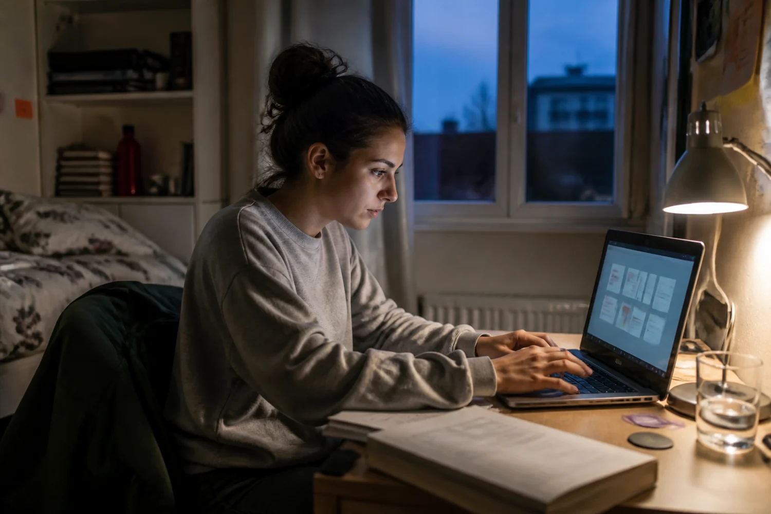 A student completes small online tasks during an evening study session.
